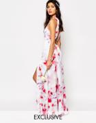 Fame And Partners Ashleigh Maxi Dress With Open Back And Side Splits - Multi Pink Print