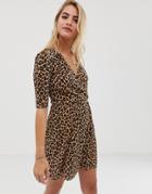 Asos Design Leopard Print Plisse Mini Dress With Button Detail - Multi