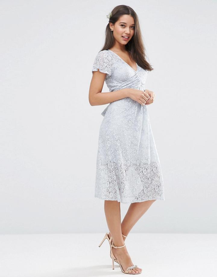 Asos Wedding Lace Wrap Tie Midi Dress - Soft Gray