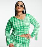 Only Curve Exclusive Asymmetric Cropped Top With Flared Sleeves In Green Gingham - Part Of A Set