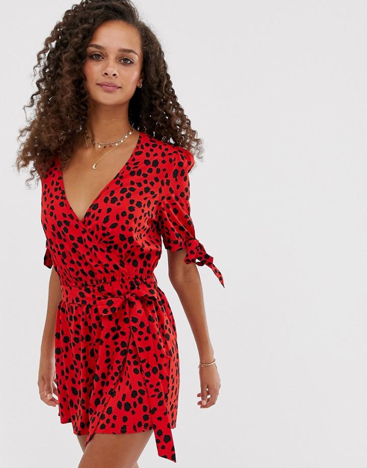 Influence Wrap Front Romper In Splodge Print-red