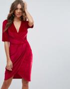 Club L Velvet Wrap Front Dress - Red
