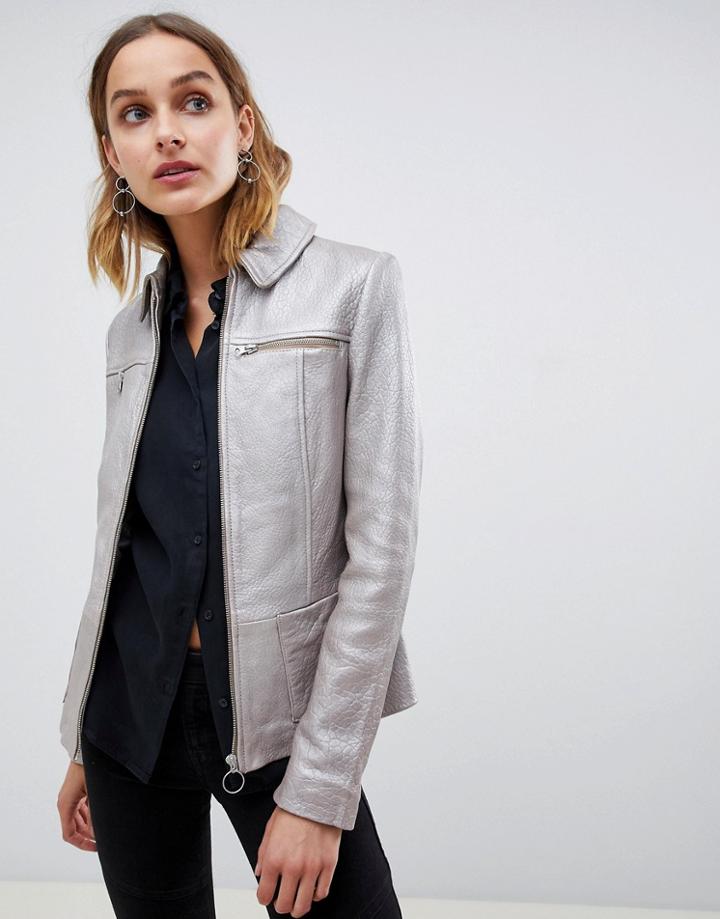 Muubaa Circle Zip Front Metallic Silver Leather Jacket - Silver