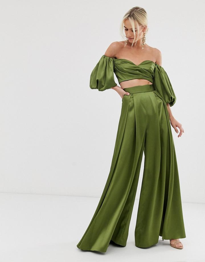 Asos Edition Pleat Front Wide Leg Pants In Satin-green