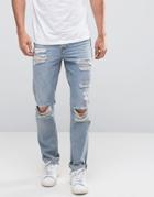 New Look Slim Jeans In Light Wash Blue With Knee Rips - Blue