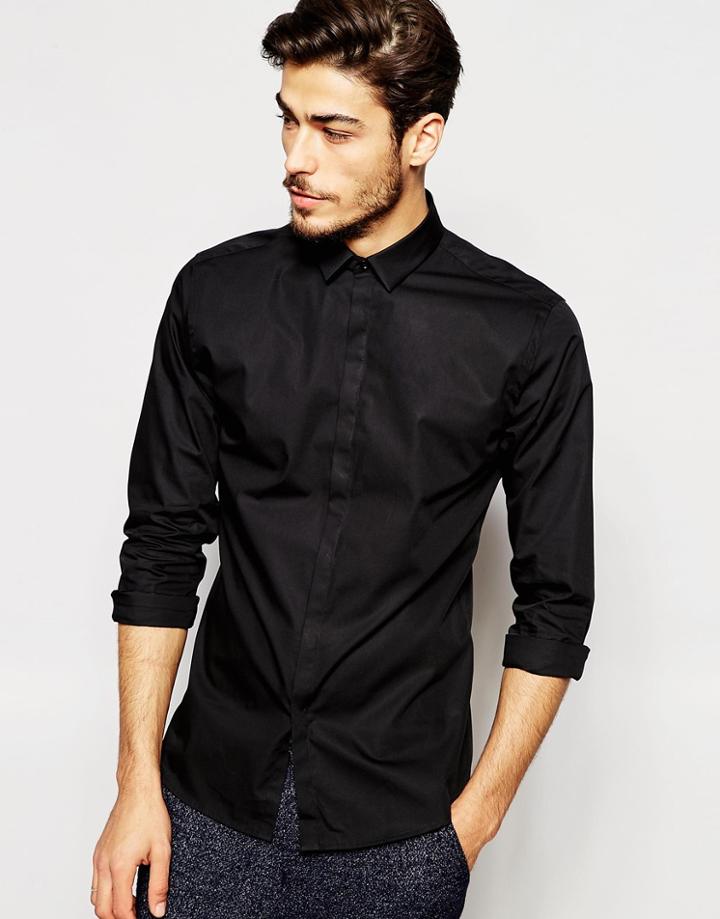 Noak Shirt With Micro Collar In Skinny Fit - Black
