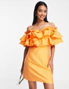 Vero Moda Mini Dress With Off The Shoulder Exaggerated Frill Detail In Orange