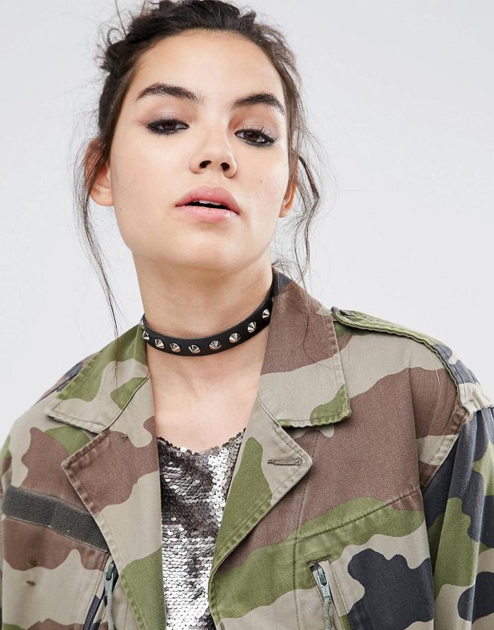 Reclaimed Vintage Leather Stud Choker - Black