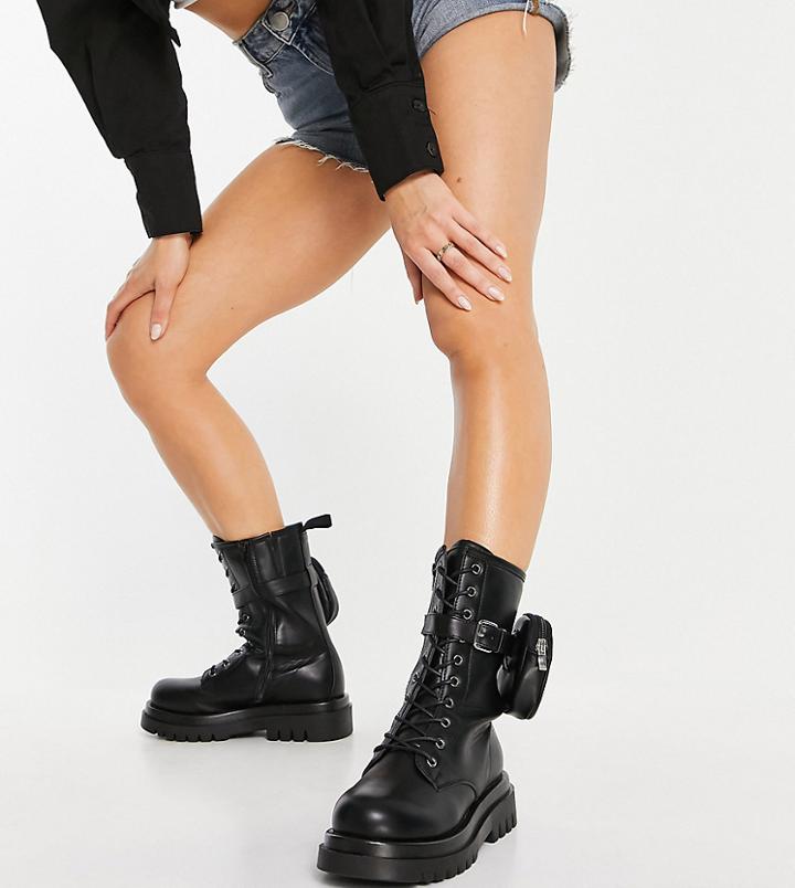 Truffle Collection Wide Fit Mid Height Chunky Lace Up Boots In Black With Detachable Pouch