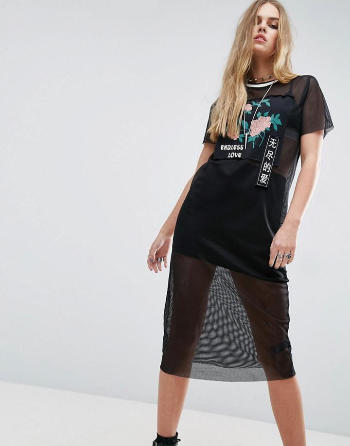 Asos Mesh T-shirt Dress With Tokyo Floral Print - Black