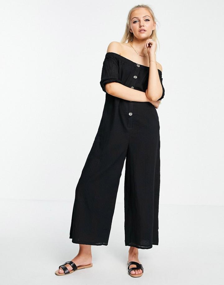 Asos Design Off Shoulder Button Front Textured Jumpsuit In Black