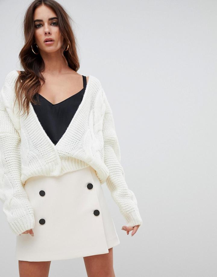 Fashion Union Relaxed Cardigan In Cable Knit - Cream