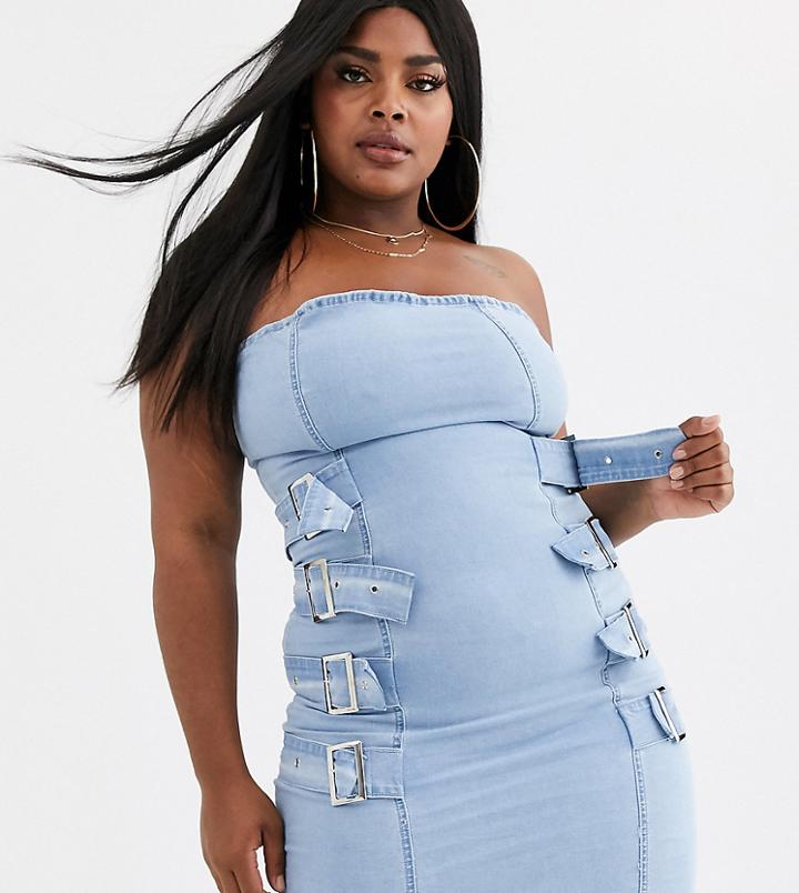 Liquor N Poker Plus Belt Detail Denim Bandeau Dress-blue