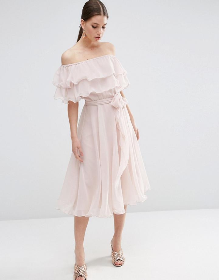 Asos Bardot Off The Shoulder Multi Ruffle Midi Prom Dress - Nude