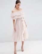 Asos Bardot Off The Shoulder Multi Ruffle Midi Prom Dress - Nude