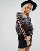 Religion Long Sleeve Top With Lattice Sleeves And Tie Dye Print - Black