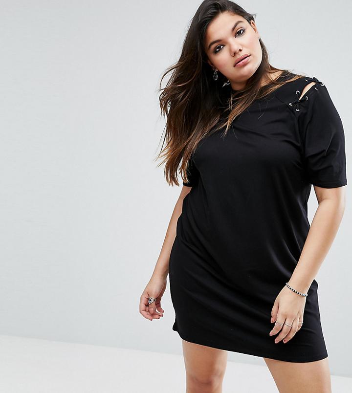Asos Curve T-shirt Dress With Eyelet & Tie Shoulder Detail - Black