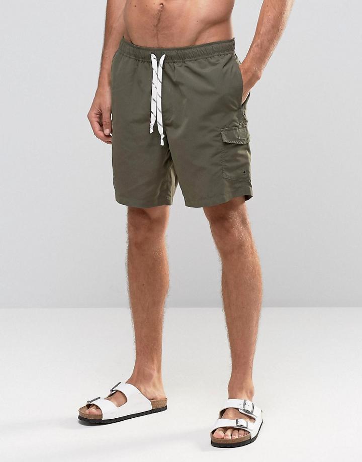 Asos Swim Shorts With Cargo Pocket And Drawcord Detail In Khaki Mid Length - Green