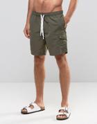 Asos Swim Shorts With Cargo Pocket And Drawcord Detail In Khaki Mid Length - Green