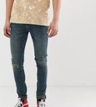 Asos Design Tall Super Skinny Jeans In Green Cast With Knee Rips - Blue