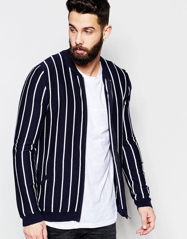 Asos Pinstripe Knitted Bomber Jacket - Navy