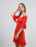 Daisy Street Polka Dot Off The Shoulder Dress With Frill Trim - Red
