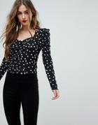 Asos Top With Ruched Front And Puff Sleeve In Mono Spot - Black