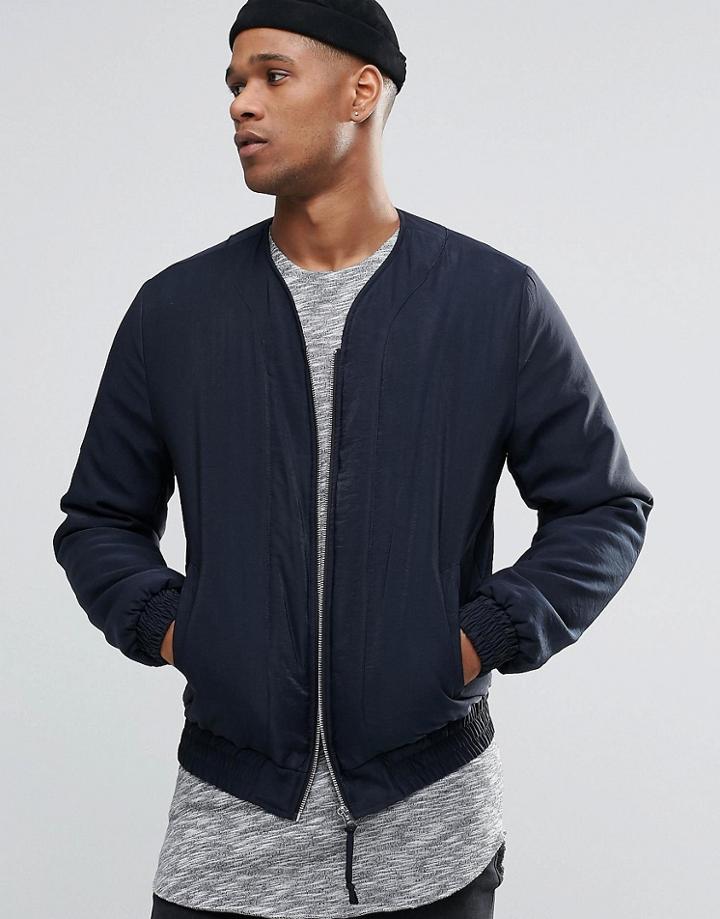 Asos Collarless Bomber Jacket In Navy - Navy