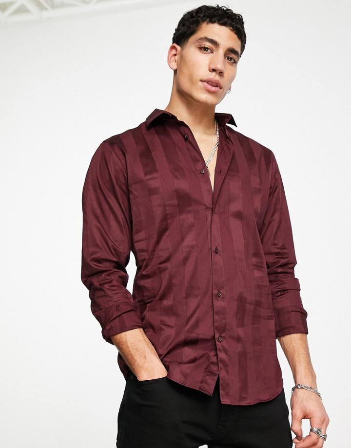 Jack & Jones Premium Shirt In Satin Stripe In Burgundy-red