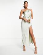 Asos Design Bridesmaid One Shoulder Midaxi Dress In Satin With Drape Back In Olive-green