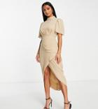 Asos Design Petite Short Sleeve High Neck Drape Wrap Front Mini Dress In Stone-neutral