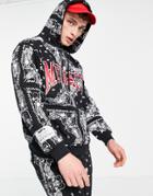 Mennace Oversized Hoodie In Black Paisley With Red Logo Print - Part Of A Set