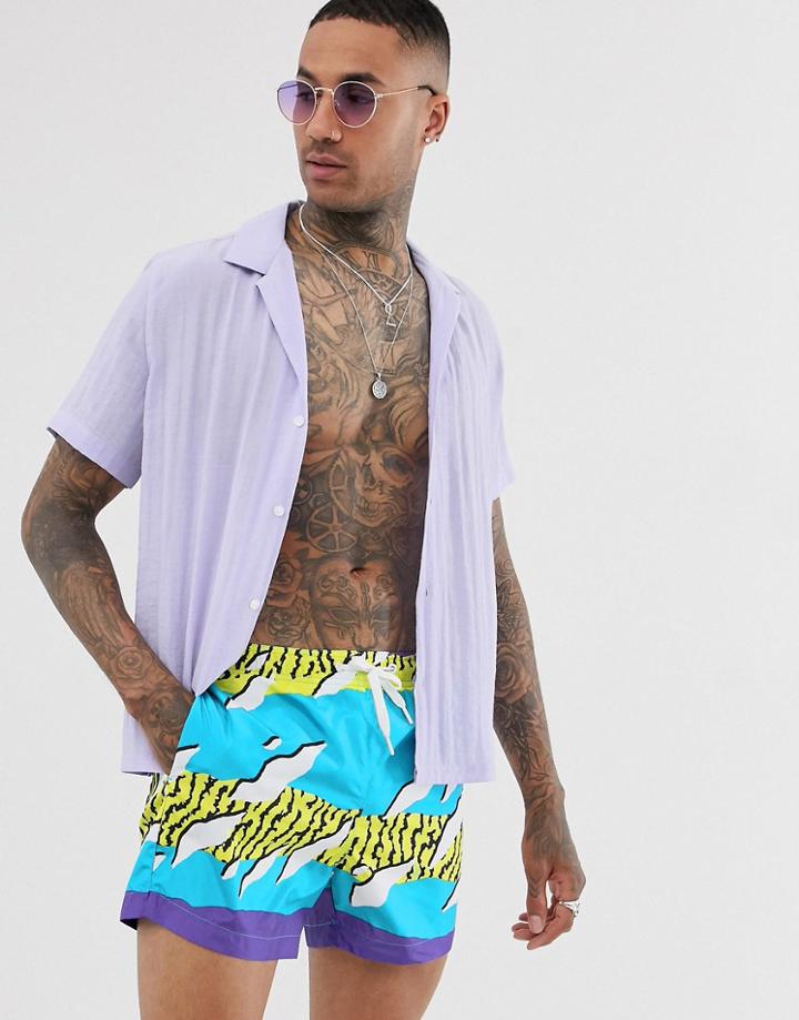 Bershka Swim Shorts In Multi Colored Print With Back Pocket - Blue