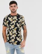 Jack & Jones Premium Floral Printed T-shirt In Black