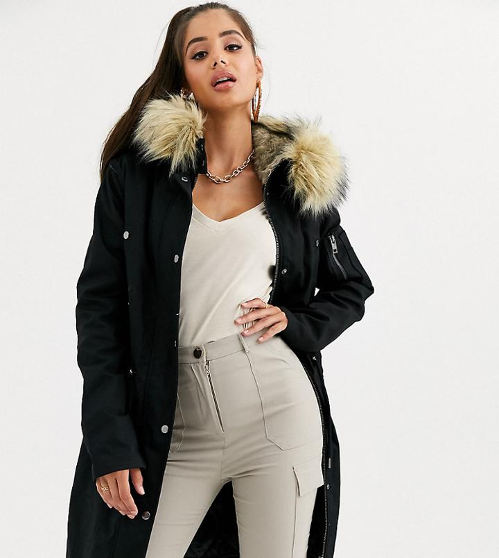 Asos Design Tall Parka With Detachable Faux Fur Liner-black