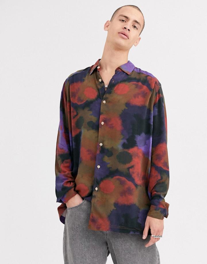 Asos Design Oversized Longline Shirt In Splurge Print-navy