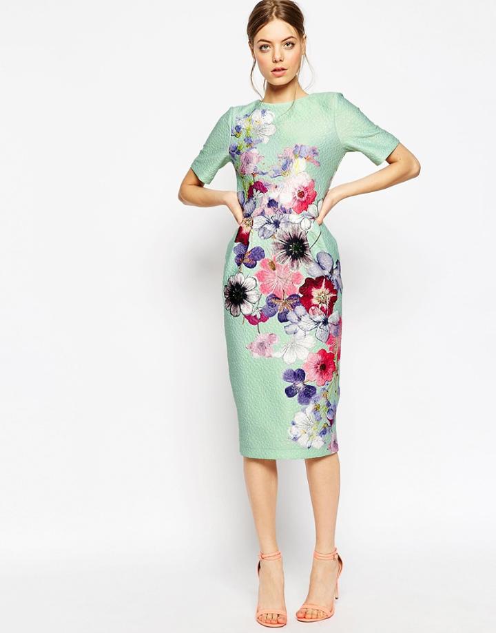 Asos Textured Wiggle Dress In Placement Floral Print - Multi