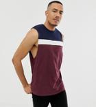 Asos Design Tall Relaxed Sleeveless T-shirt With Dropped Armhole And Color Block In Burgundy-red