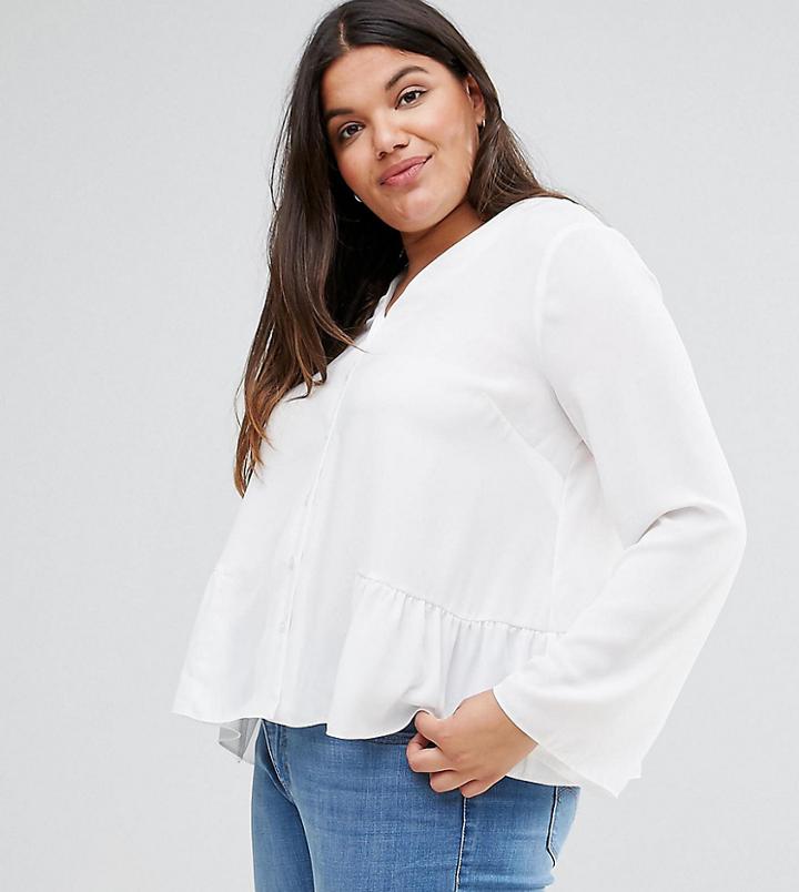 Asos Curve V Neck Blouse With Ruffle Hem - White