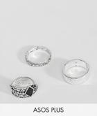 Asos Plus Ring Pack With Engraving In Burnished Silver - Silver