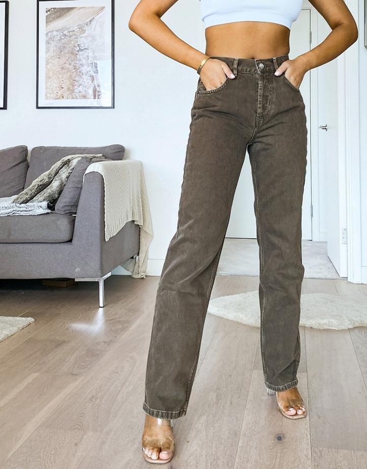 Asos Design Mid Rise '90's' Straight Leg Jeans In Washed Chocolate-brown