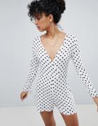 Daisy Street Romper With Tie Sleeves In Polka Dot - Cream