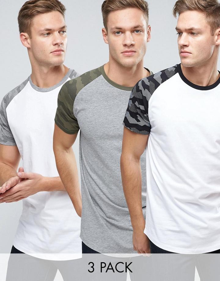 Jack & Jones Originals Camo Print Contrast Raglan T-shirt 3 Pack - Mul