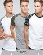 Jack & Jones Originals Camo Print Contrast Raglan T-shirt 3 Pack - Mul