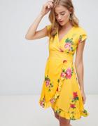 Lasula Frill Hem Floral Wrap Dress-yellow