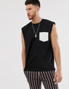 Asos Design Oversized Sleeveless T-shirt With Contrast Pocket In Black - Black