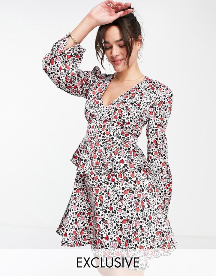 Liquorish Asos Exclusive Valentines Wrap Mini Dress In Allover Print-multi