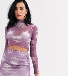 Rokoko Long Sleeve Mesh Crop Top In All Over Skull Graphic Two-piece-multi