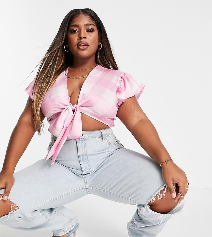 Twisted Wunder Plus Tie Front Crop Top In Pink Oversized Plaid - Part Of A Set-multi