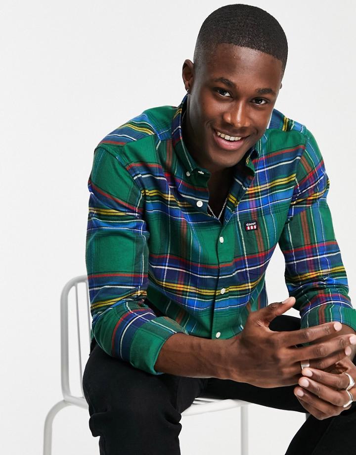Gant Flannel Check Shirt Buttondown Regular Fit In Eden Green